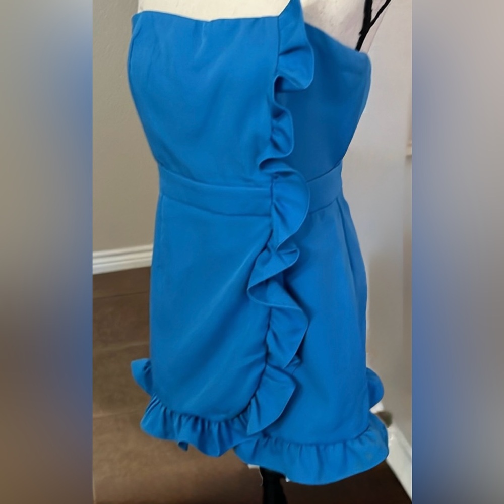 Vibrant Blue Zip-Up Ruffled Romper Strapless